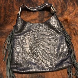 Raviani Leather Indian Headdress Purse with Fringe